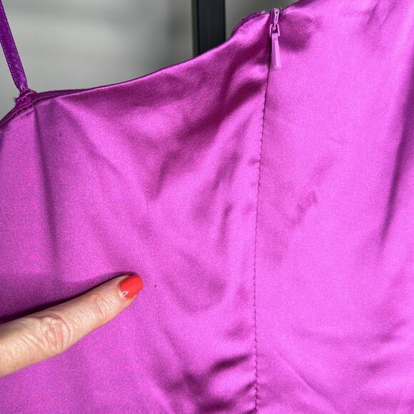 NWT IEENA for MAC DUGGAL Orchid One Shoulder Satin Puff Sleeve Side Ruched Gown - Picture 7 of 13